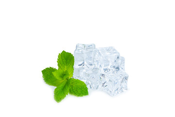 Mint and ice isolated on white background. Green fresh mint and ice cube. Mint leaves, ice cube and...