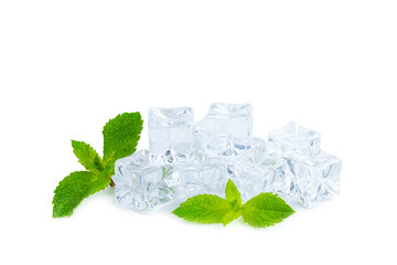 Mint and ice isolated on white background. Green fresh mint and ice cube. Mint leaves, ice cube and...