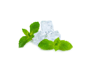 Mint and ice isolated on white background. Green fresh mint and ice cube. Mint leaves, ice cube and...