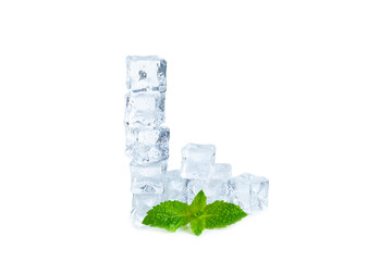 Mint and ice isolated on white background. Green fresh mint and ice cube. Mint leaves, ice cube and...