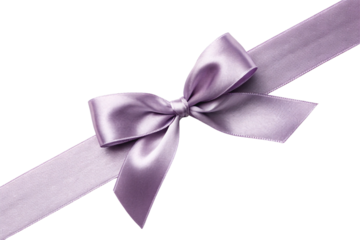 Elegant purple satin ribbon bow tied diagonally across frame, luxurious fabric texture, gift wrapping decoration, isolated on a transparent background
