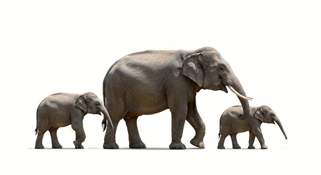 An adult elephant walks with two baby elephants. They're gray and isolated on a bright white background.