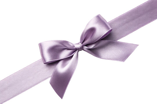 Elegant purple satin ribbon bow tied diagonally across frame, luxurious fabric texture, gift wrapping decoration, isolated on a transparent background