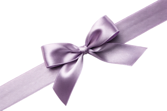 Elegant purple satin ribbon bow tied diagonally across frame, luxurious fabric texture, gift wrapping decoration, isolated on a transparent background