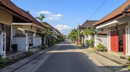 Sunny street in a tropical village.  Homes with red tiled roofs line a paved road