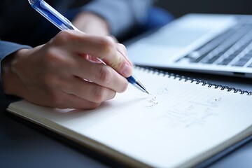Close up of a person s hand holding a blue pen and writing in a notebook next to a laptop computer