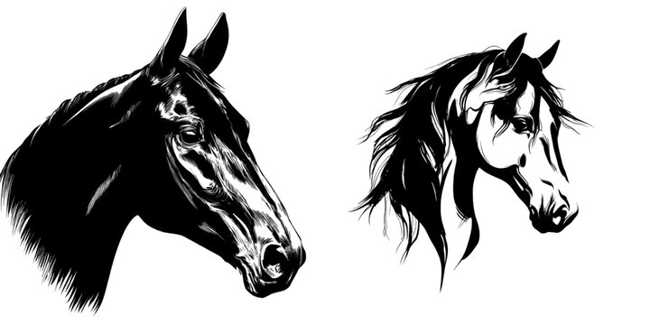 A modern black illustration design forms the basis of this image, which presents a detailed horse head profile in silhouette, symbolizing beauty, elegance, and majesty