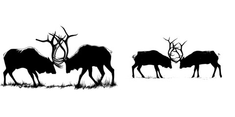 In a modern design, two bull elks with large antlers are shown fighting, their figures rendered in a striking black silhouette style