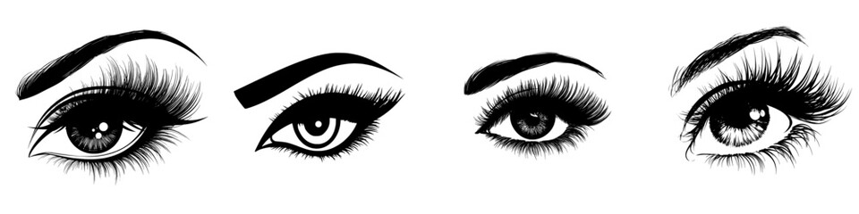 This image depicts a black and white eye silhouette featuring noticeable eyelashes and a circular pupil, representing vision and design through modern clipart illustration