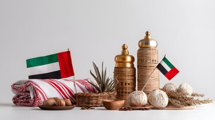 A collection of symbolic items from the UAE, including flags and cultural objects, evoking a sense of national pride and heritage