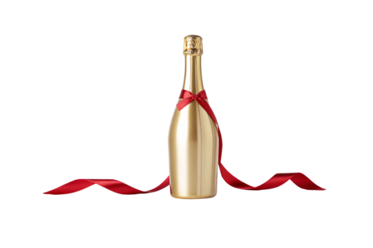 Premium gold champagne bottle with red ribbon flowing gracefully around base in celebration, isolated on a transparent background