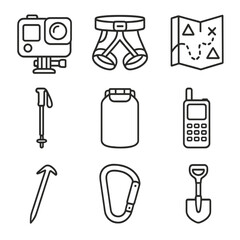 Adventure icons vector shovel phone bag hiking gear trail harness satellite icon