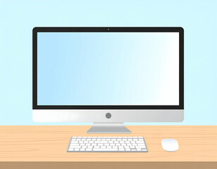Minimalist vector illustration of a desktop computer with keyboard and mouse on wooden table, isolated on light blue background.