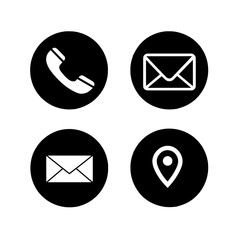 Modern contact icons come in a set featuring telephone number symbols, email logos, mail envelope signs, location address line icons, and a contact us icon in minimalistic design