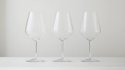 Fototapeta premium Elegant Crystal Wine Glasses Standing In A Row Against White Background Still Life