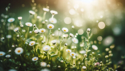 Delicate tiny white daisies blooming in a green meadow on a bright sunny spring day. Soft bokeh background. Peaceful and fresh nature vibe.
