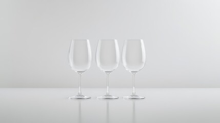 Fototapeta premium Three Elegant Empty Champagne Flutes On A Clean White Table Background