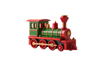 Classic Christmas locomotive toy in traditional red and green holiday colors with ornate details, isolated on a transparent background