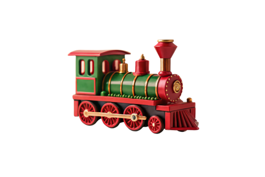 Classic Christmas locomotive toy in traditional red and green holiday colors with ornate details, isolated on a transparent background - Powered by Adobe