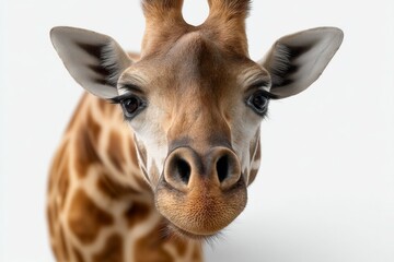 Naklejka premium Close-up of a curious giraffe against a white background