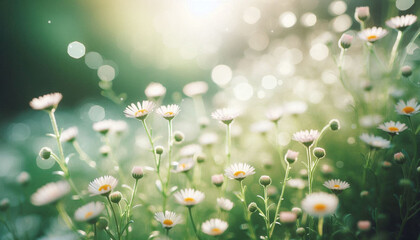 Delicate tiny white daisies blooming in a green meadow on a bright sunny spring day. Soft bokeh background. Peaceful and fresh nature vibe.