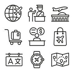 Terminal icon international route cart exchange vector time checkpoint airplane icons flight