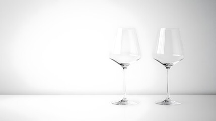 Two Elegant Crystal Wine Glasses Standing On A White Surface With Copy Space