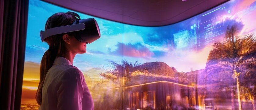 Virtual reality travel agency clients visiting holographic destinations
