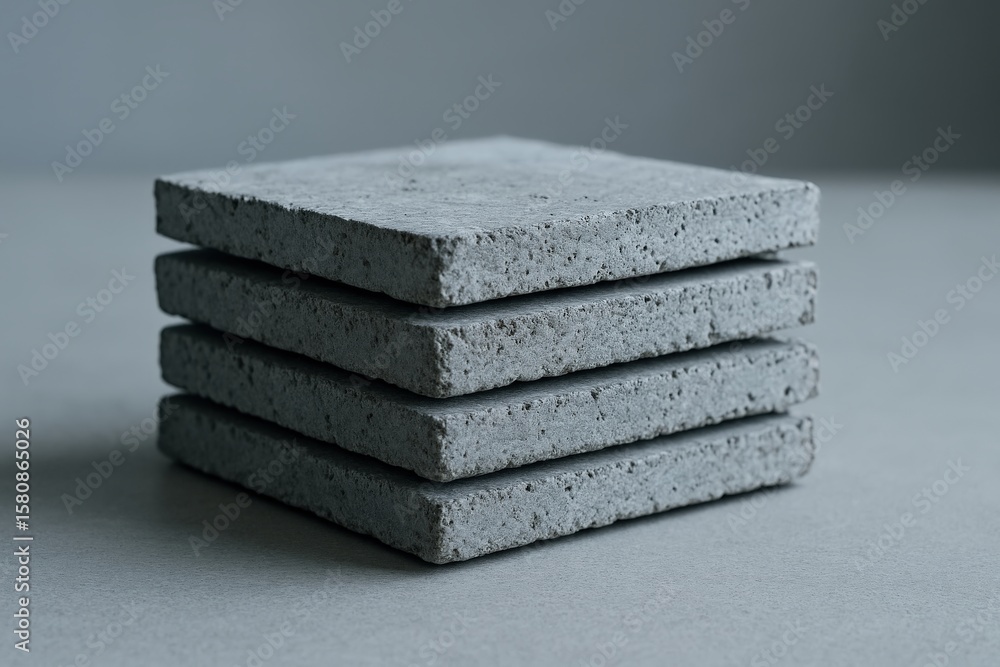 Aufkleber four gray square textured stone tiles are stacked together on a gray surface in a studio setting