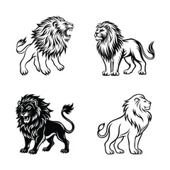 Fototapeta premium Four majestic lions black and white illustrations silhouette