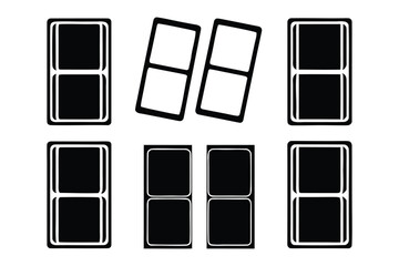 Abstract geometric arrangement of six black rectangles with rounded corners some upright and some tilted on a white background