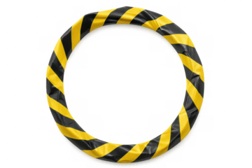 Warning tape forming circular pattern, emphasizing safety precaution with black and yellow colors on transparent background