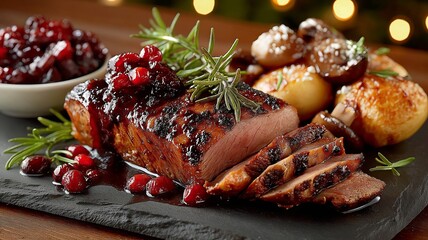 Barbecue deer haunch on a slate slab with cranberry sauce and mushrooms