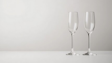 Fototapeta premium Two Champagne Flutes On A White Table Against A Light Background Still Life