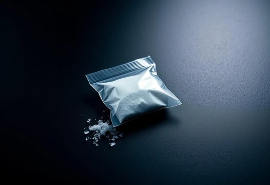 A small plastic baggie of cocaine sits on a stark black surface, plastic, powder