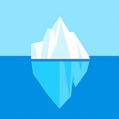 Minimalist iceberg floating in the ocean, showing visible and submerged parts. Clean vector illustration in shades of blue with a calm sea and clear sky.
