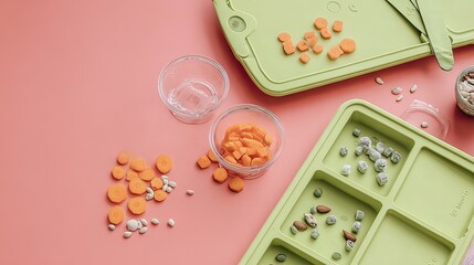 Baby food prep carrots, beans, pink background