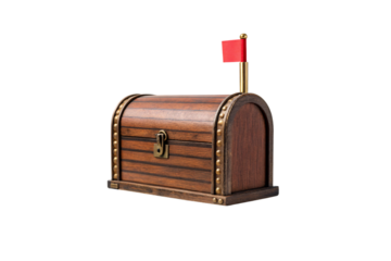 Dark wood mailbox with brass studs and red flag, ornate design, isolated on a transparent background