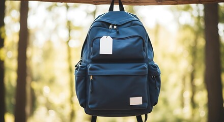 Dark blue backpack hangs from wooden beams outdoors,  blurred forest background.
