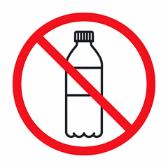 Plastic bottle prohibition symbol. Black outline bottle with red banned sign on white background. Environmental warning against single-use plastic. Vector illustration.