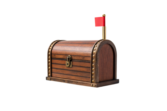 Dark wood mailbox with brass studs and red flag, ornate design, isolated on a transparent background