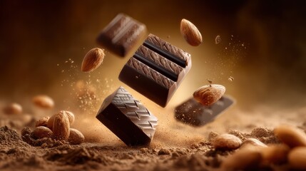 Dynamic dark chocolate bar pieces on white background