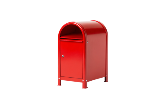 Red cylindrical mailbox with legs, European style postal collection box, isolated on a transparent background