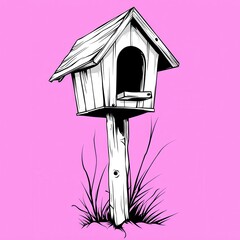 White Wooden Birdhouse on Pink Background Line Drawing