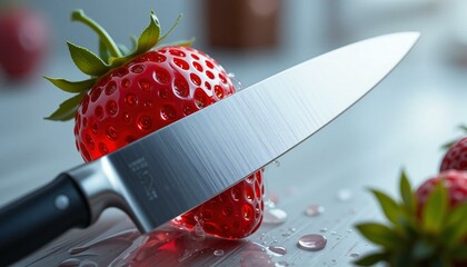 Stainless Steel Kitchen Knife and Glass Strawberry.