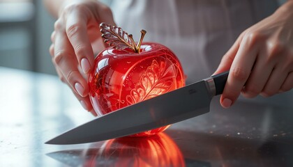 Stainless Steel Kitchen Knife and Glass Apple.