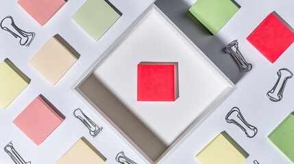 Red note, pastel notes, frame, clips, white background, organization, planning