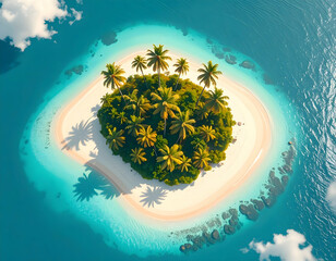 Aerial view of a tropical island with lush palm trees and white sandy beach, surrounded by turquoise ocean waters under a sunny sky.