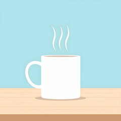 Minimalist illustration of a steaming white mug on a wooden table against a light blue background, perfect for cozy morning, coffee, tea, or beverage concepts.