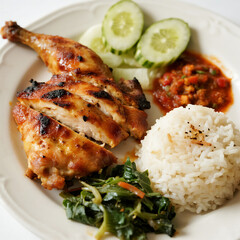 Traditional Malaysian Healthy Meal with Grilled Ayam Bakar and Nasi Ulam